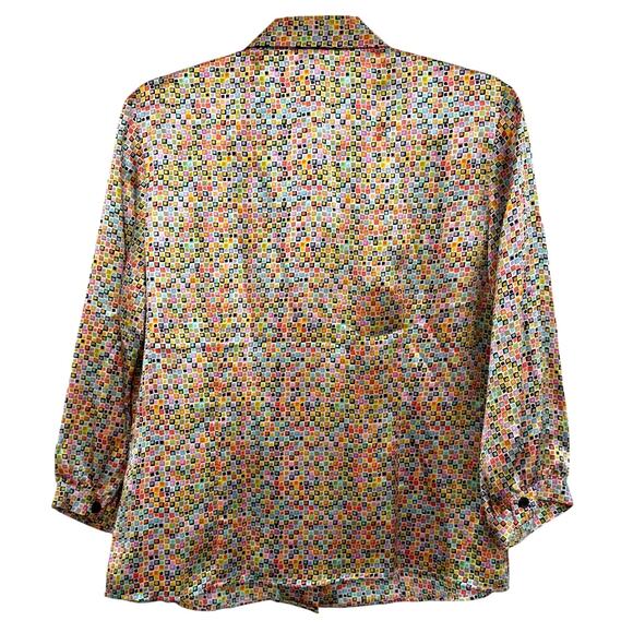 1990s Vintage 100% Silk Top Button Up Shirt Satin 3/4 Sleeve Blouse Bow Medium - Picture 3 of 9